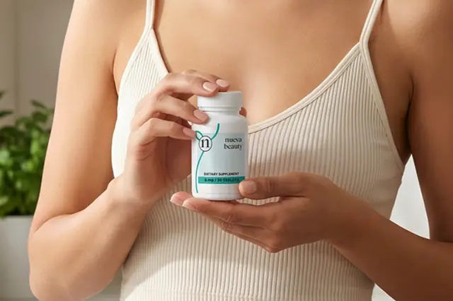 Woman holding a bottle of Nueva Beauty