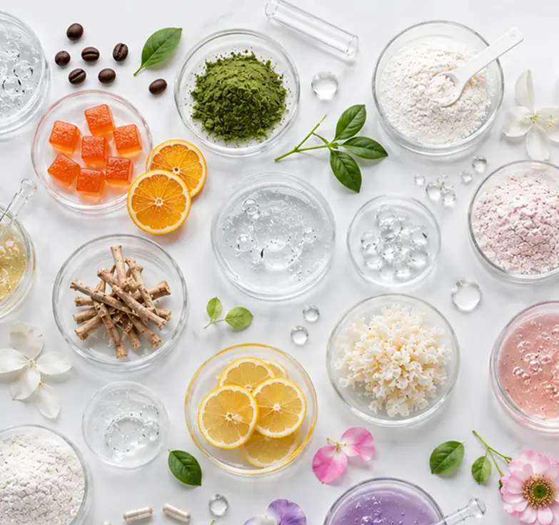 Wellness ingredients arranged in glass dishes
